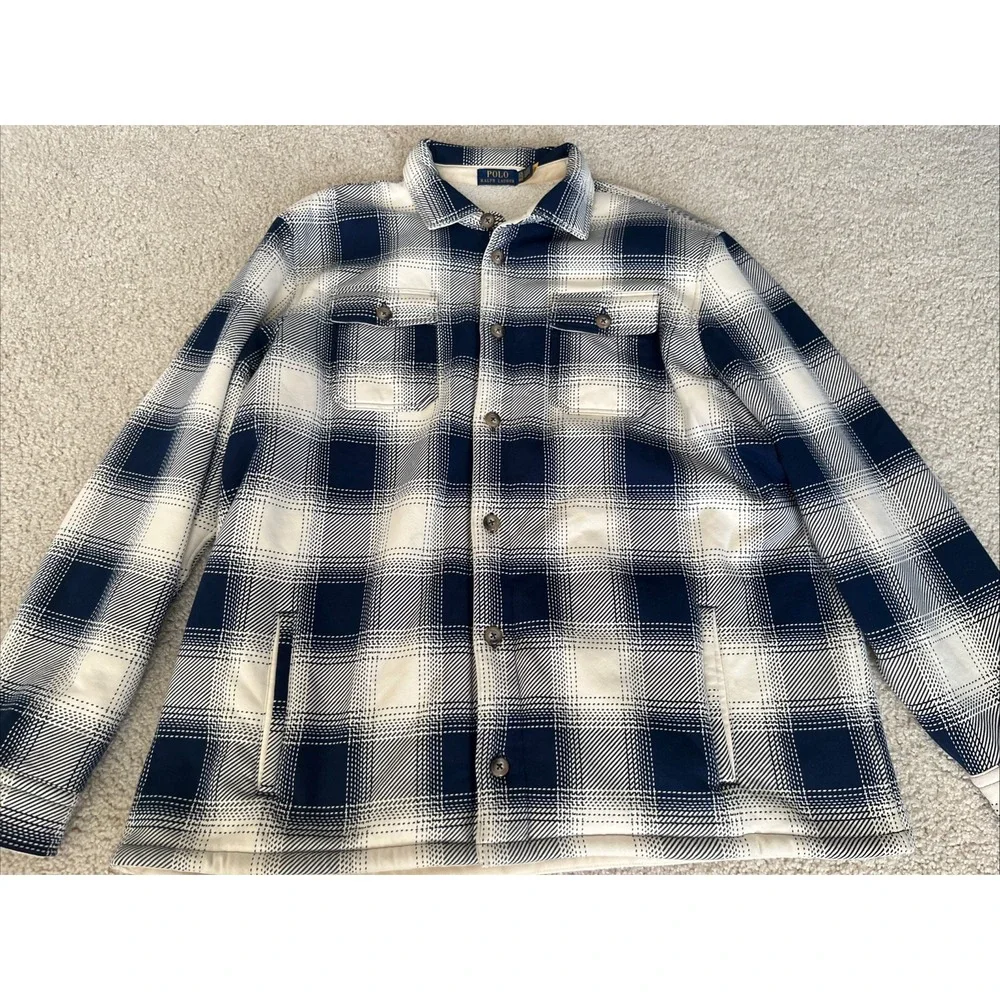 Polo Ralph Lauren Sherpa Lined Flannel Overshirt Jacket Mens 2XL Plaid Navy